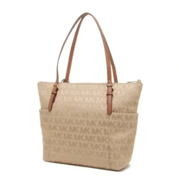 Michael Kors Handbags - MK Monogram JET SET Travel Top Zip Tote Bag Tan & Goldish GUC